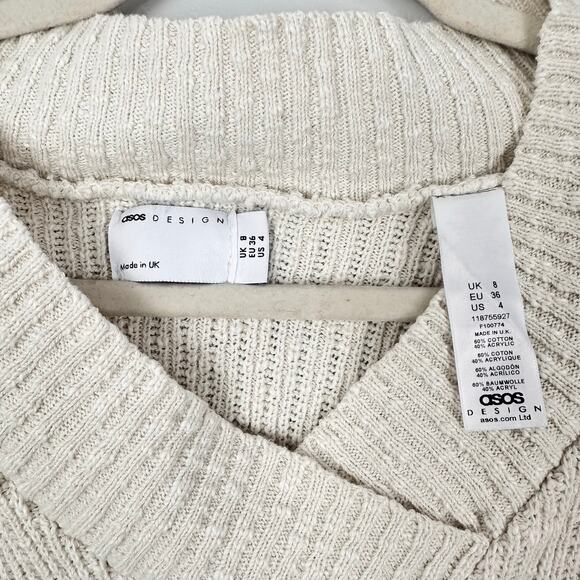 ASOS Ecru Knit Boxy Drop Sleeve Ribbed Long Crop Sweater Cotton Blend Size 4 - Picture 2 of 9
